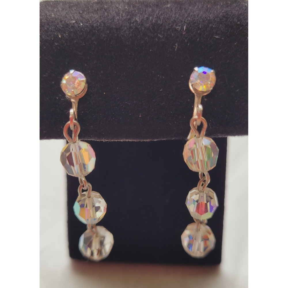 Earrings Women OS Vintage AB Crystal Triple Drop Screw Back Iridescent